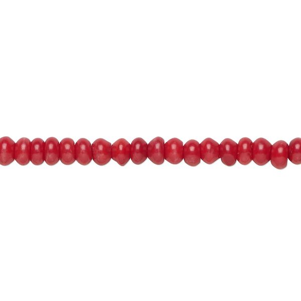 Bead, bamboo coral (dyed), red, 4x3mm hand-cut rondelle, B- grade, Mohs hardness 3-1/2 to 4. Sold per 15-1/2" to 16" strand. image number 0