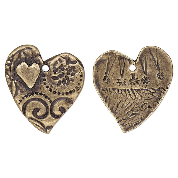 Charm, TierraCast®, "Vida Mas Dulce" collection, antique brass-plated pewter (tin-based alloy), 24x23mm two-sided heart with amor design. Sold per pkg of 2. image number 0