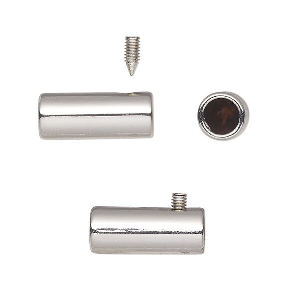 Cord end, glue-in, imitation rhodium-plated plated "pewter" (zinc-based alloy) and steel, 17x7mm round tube. Sold per pkg of 6. image number 0