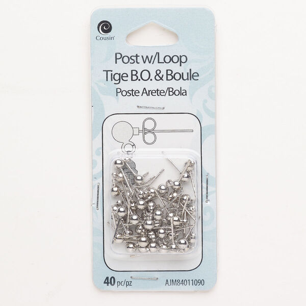 Earstud, steel, pkg/20 pairs, silver finish, 5mm ball. image number 0