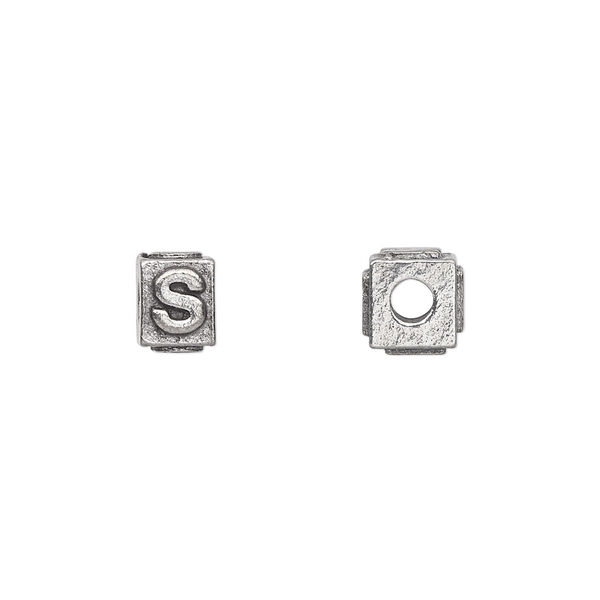 Bead, antiqued pewter (tin-based alloy), 8x6mm rectangle with alphabet letter "S". Sold per pkg of 4. image number 0
