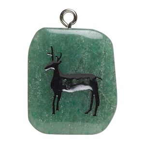 Drop 1pkg1 green aventurine / enamel / steel, 28x23mm-38x28mm single-sided freeform rectangle / deer B grade, natural / silver finish