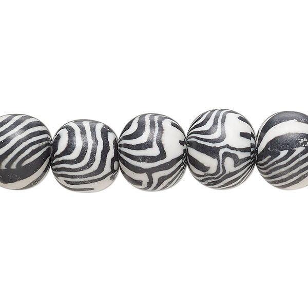 Bead, polymer clay, opaque zebra, 10mm round. Sold per 16-inch strand. image number 0