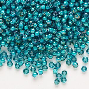 Seed bead, Miyuki, glass, pkg/50g, #8 rocaille, translucent white-lined luster teal, (RR-3765).