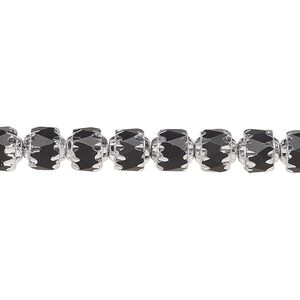 Bead, Czech glass, pkg/7 inches, opaque black and metallic silver, 6mm round cathedral.