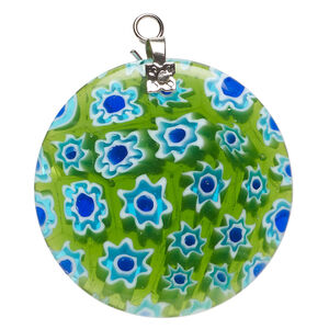 Focal 1pkg1 millefiori glass and silver-finished steel, translucent green / cobalt blue / white, 34-35mm puffed flat round.