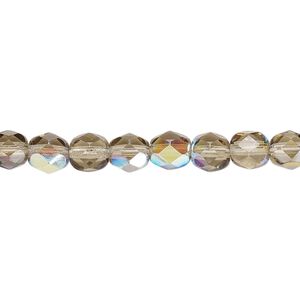 Bead, Czech fire-polished glass, translucent smoke AB, 6mm faceted round. Sold per 15-1/2" to 16" strand.