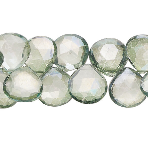 Bead, quartz crystal (coated), dark green, 11x10mm-14mm hand-cut top-drilled faceted puffed teardrop, B grade, Mohs hardness 7. Sold per 7-inch strand, approximately 40 beads. image number 0