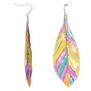Earring, enamel with silver-finished brass and steel, multicolored, 3-3/4 inches with leaf and fishhook ear wire. Sold per pair.