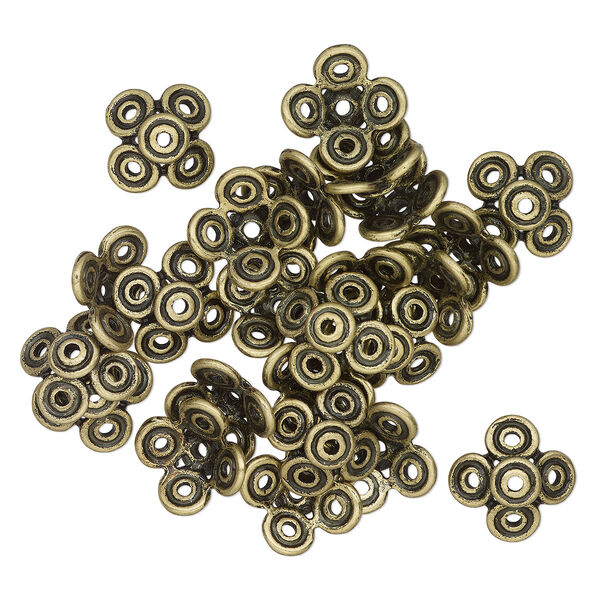 Bead cap, antique brass-finished brass, 15x5mm flower, fits 14-16mm beads. Sold per pkg of 24. image number 0