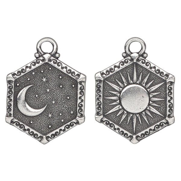 Charm, TierraCast®, "Celestial" collection, pewter (tin-based alloy), 24.5x21.5mm, 2-sided hexagon with sun and moon design. Sold per pkg of 10. image number 0