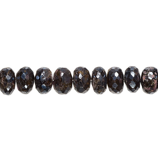 Bead, amber-green tourmaline (coated), metallic, 7x4mm-8x6mm hand-cut faceted rondelle with 0.4-1mm hole, C grade, Mohs hardness 7 to 7-1/2. Sold per 8-inch strand. image number 0