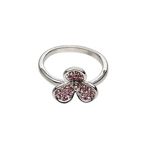 Ring, imitation rhodium-finished "pewter" (zinc-based alloy) and glass rhinestone, pink, 12x12mm clover, size 7. Sold individually.