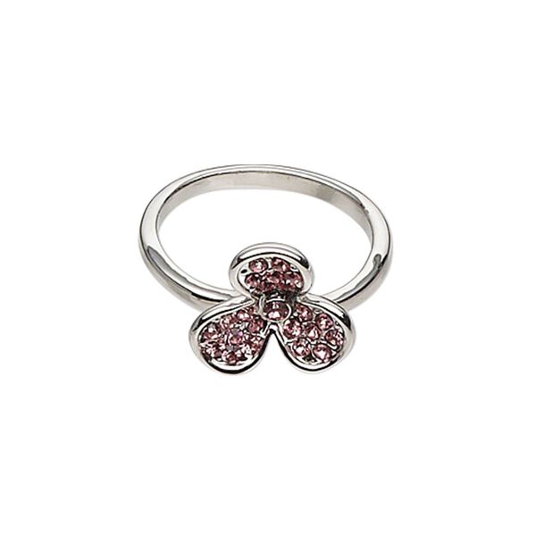Ring, imitation rhodium-finished "pewter" (zinc-based alloy) and glass rhinestone, pink, 12x12mm clover, size 7. Sold individually. image number 0