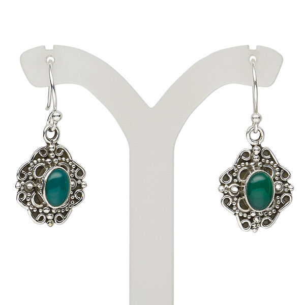 Earring, green onyx (dyed) and antiqued sterling silver, 32mm with fancy oval and fishhook ear wire, 21 gauge. Sold per pair. image number 0