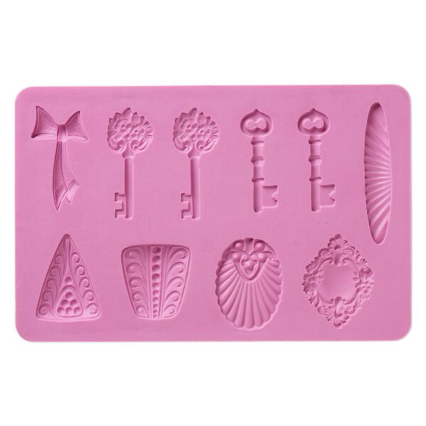 Mold, silicone, fuchsia, 6-1/4 x 4 x 1/4 inches with 30x28mm-56x10mm multi-shape. Sold individually. image number 0
