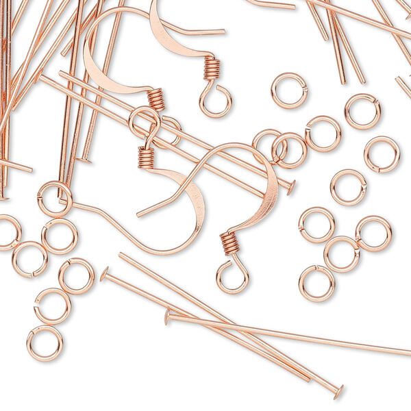Earring finding assortment, copper-plated brass, (12) 16mm 22-gauge fishhook ear wires, (24) 1-1/8 inch 22-gauge head pins, (24) 4mm round 22-gauge jump rings. Sold per set. image number 0
