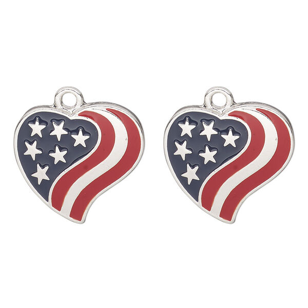 Charm, antique silver finish "pewter" (zinc-based alloy) and enamel, blue and red, 19x18mm American flag heart. Sold per pkg of 2. image number 0