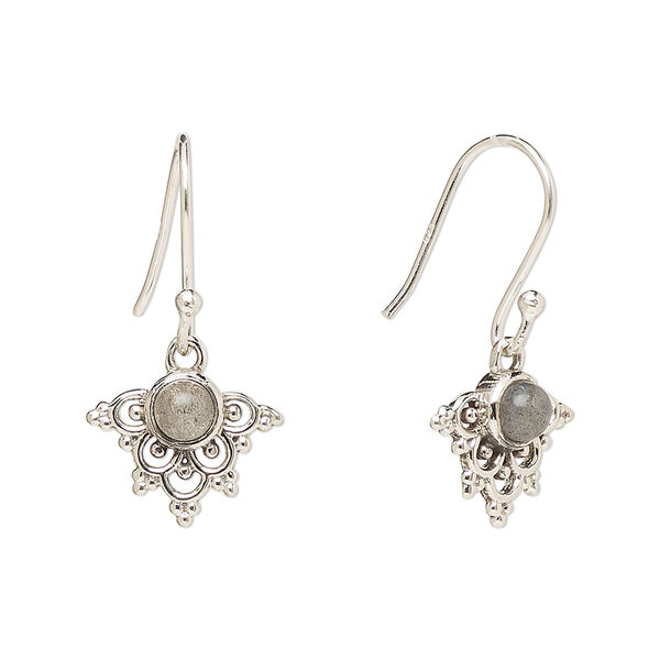Ear wire, Create Compliments®, antiqued sterling silver and labradorite (natural), fishhook, 24.5mm with 13x11mm single-sided beaded fancy arrowhead, 21 gauge. Sold per pair. image number 0