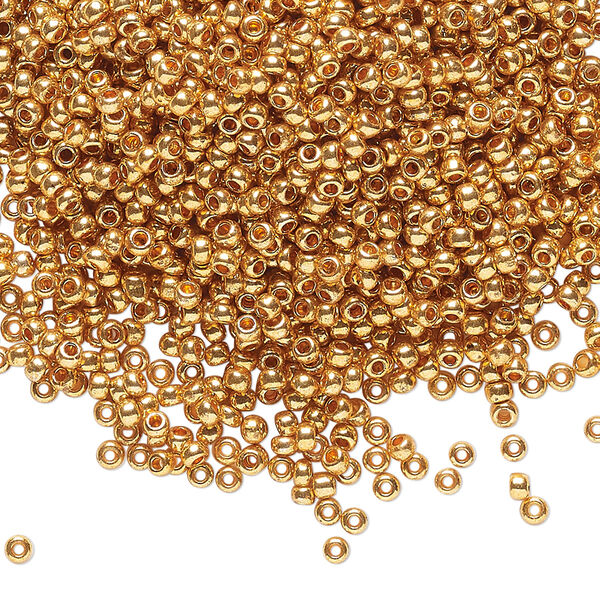 Seed bead, Preciosa Ornela Czech glass, pkg/500g, #11 rocaille, opaque dark gold finish metallic clear, (18389). image number 0