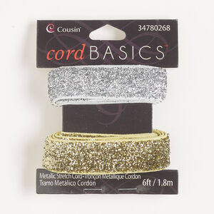 Cord, elastic 1pkg2, metallic gold and silver, 16mm flat, 3 feet.