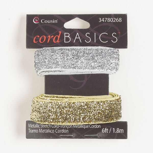 Cord, elastic 1pkg2, metallic gold and silver, 16mm flat, 3 feet. image number 0