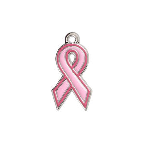 Charm 1pkg4, imitation rhodium-plated "pewter" (zinc alloy) / enamel, red / pink, 21x13mm awareness ribbon