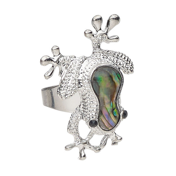Ring 1pkg1 steel / paua shell / glass rhinestone, 34x23mm frog, natural silver finish / black image number 0