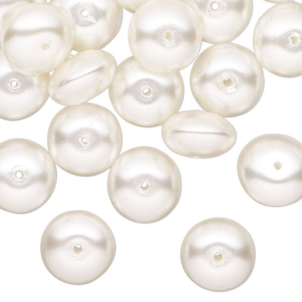 Bead, glass pearl, coated glass, white, 11x7mm saucer. Sold per 12 " strand, approximately 50 beads. image number 0