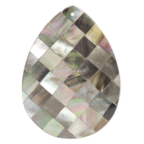 Focal, black lip shell and resin (assembled) 1pkg1, 49x34mm-51x36mm flat teardrop with checkerboard pattern. image number 0