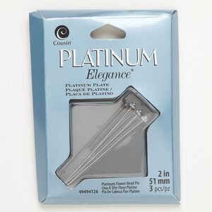 Head pin, copper, pkg/3, platinum plate, 2-inch, 22 gauge.
