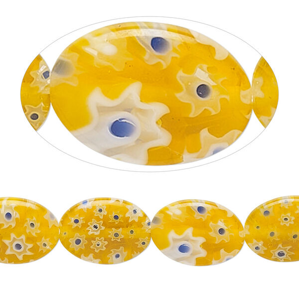 Bead, millefiori glass, translucent golden orange / cobalt blue / white, 13x9mm-14x10mm puffed oval. Sold per 14-inch strand. image number 0