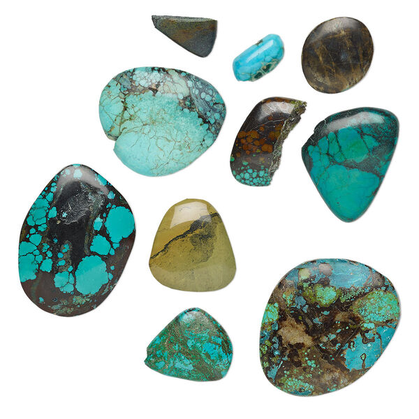 Cabochon mix, turquoise (dyed / stabilized), 25x20mm-65x50mm non-calibrated freeform, Mohs hardness 5 to 6. Sold per 50-gram pkg, approximately 1-10 cabochons. image number 0
