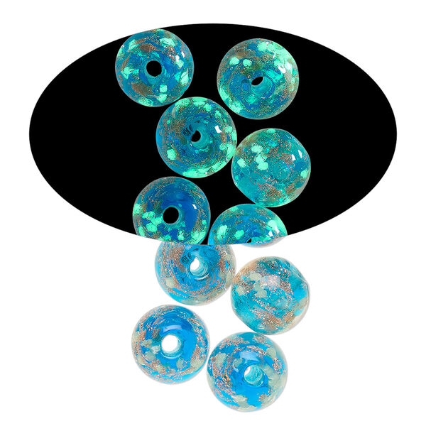 Bead, lampworked glass, clear / blue / glow-in-the-dark / gold, 8mm round. Sold per pkg of 6. image number 0