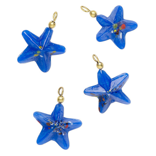 Drop, lampworked glass 1pkg4, multicolored, 24-29mm star. image number 0