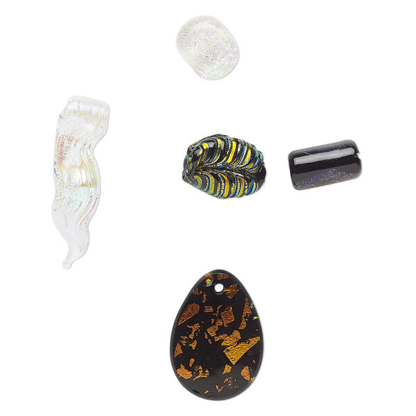 Bead / cabochon / drop mix, dichroic glass, multicolored, 7x4mm-33x18mm mixed shapes with 0.6-2mm hole. Sold per pkg of 5. image number 0