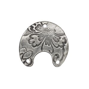 Connector, TierraCast®, "Vida Mas Dulce" collection, antiqued pewter (tin-based alloy), 21x19.5mm two-sided slightly domed naja with flora design and 3 holes. Sold per pkg of 2.