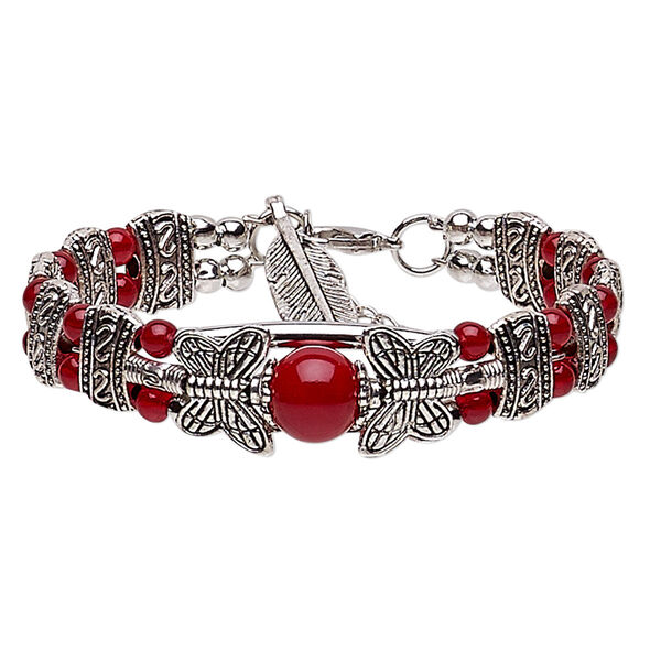 Bracelet, 2-strand, glass / silver- / antique silver-plated steel / "pewter" (zinc-based alloy), red, 14mm wide with butterfly and 24x8mm feather dangle, 6-1/2 inches with 1-inch extender chain and lobster claw clasp. Sold individually. image number 0