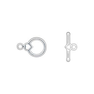 Clasp toggle 1pkg100 silver-plated "pewter" (zinc alloy), 10x9mm heart, 1-strand