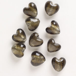 Bead, lampworked glass, pkg/10, opaque and translucent olive with silver-colored foil, 19-21mm puffed heart.