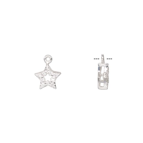 Charm, sterling silver and cubic zirconia, clear, 8mm single-sided open star. Sold individually. image number 0