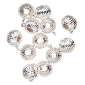 Bead, silver-finished "pewter" (zinc-based alloy), 12x11mm corrugated round with closed loop. Sold per pkg of 12.