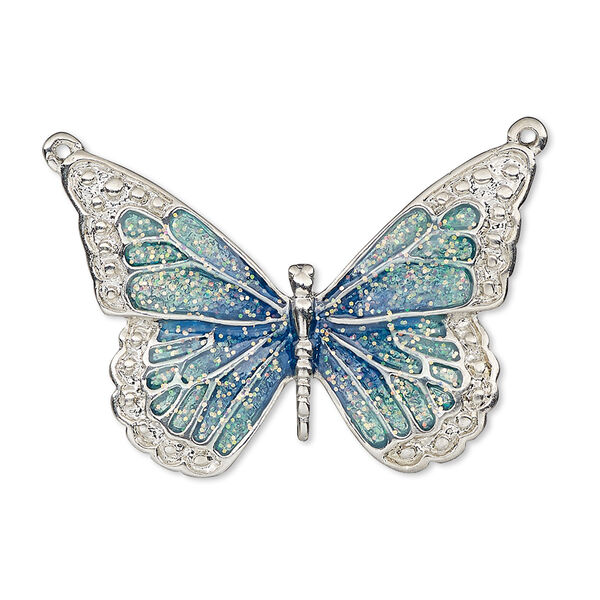 Focal, enamel and imitation rhodium-plated "pewter" (zinc-based alloy), blue and green with glitter, 35x25mm single-sided butterfly. Sold individually. image number 0
