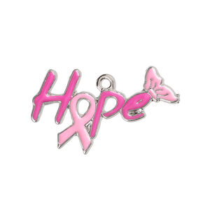 Charm 1pkg4, gold-finished "pewter" (zinc alloy) / enamel, light pink / dark pink, 31x19mm "Hope" / awareness ribbon