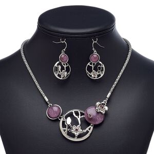 Necklace and earring set, acrylic / glass rhinestone / imitation rhodium-plated steel / brass / "pewter" (zinc-based alloy), amethyst purple, round and flower, 18-inch necklace with 2-inch extender chain and lobster claw clasp, 39mm earrings with fishhook ear wire. Sold per set.