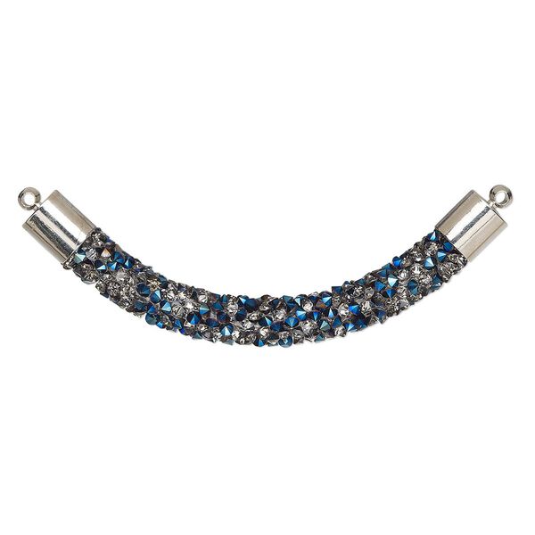 Focal, glass / resin / imitation rhodium-finished brass, metallic half-coated clear and blue, 60-64mm curved tube. Sold per pkg of 4. image number 0