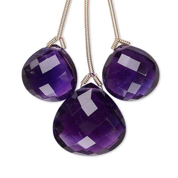 Bead, amethyst (natural), 14x14mm and 18x18mm hand-cut top-drilled faceted pear, B grade, Mohs hardness 7. Sold per pkg of 3 beads. image number 0