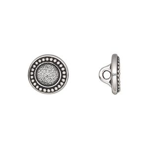 Button, TierraCast®, antique silver-plated pewter (tin-based alloy), 12mm beaded flat round with loop and SS34 round glue-in setting. Sold per pkg of 2.