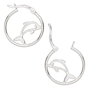 Earring, Create Compliments®, sterling silver, 22mm single-sided hoop with dolphin and latch-back closure. Sold per pair.