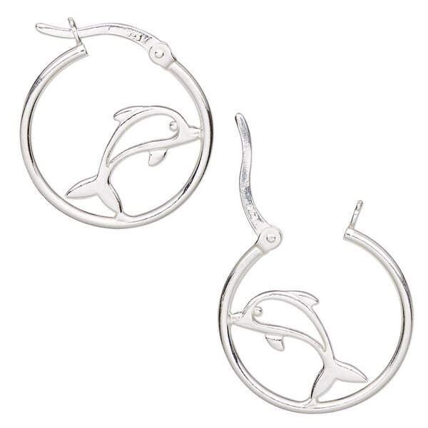 Earring, Create Compliments®, sterling silver, 22mm single-sided hoop with dolphin and latch-back closure. Sold per pair. image number 0